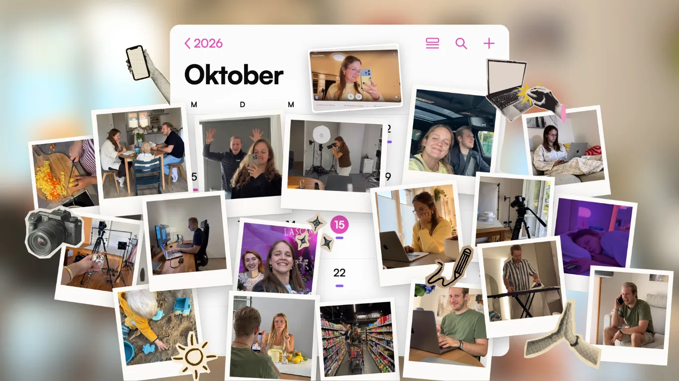 Collage aus unserem Alltag: Fotos von Arbeit, Familie, Einkauf und Terminen rund um einen Kalender